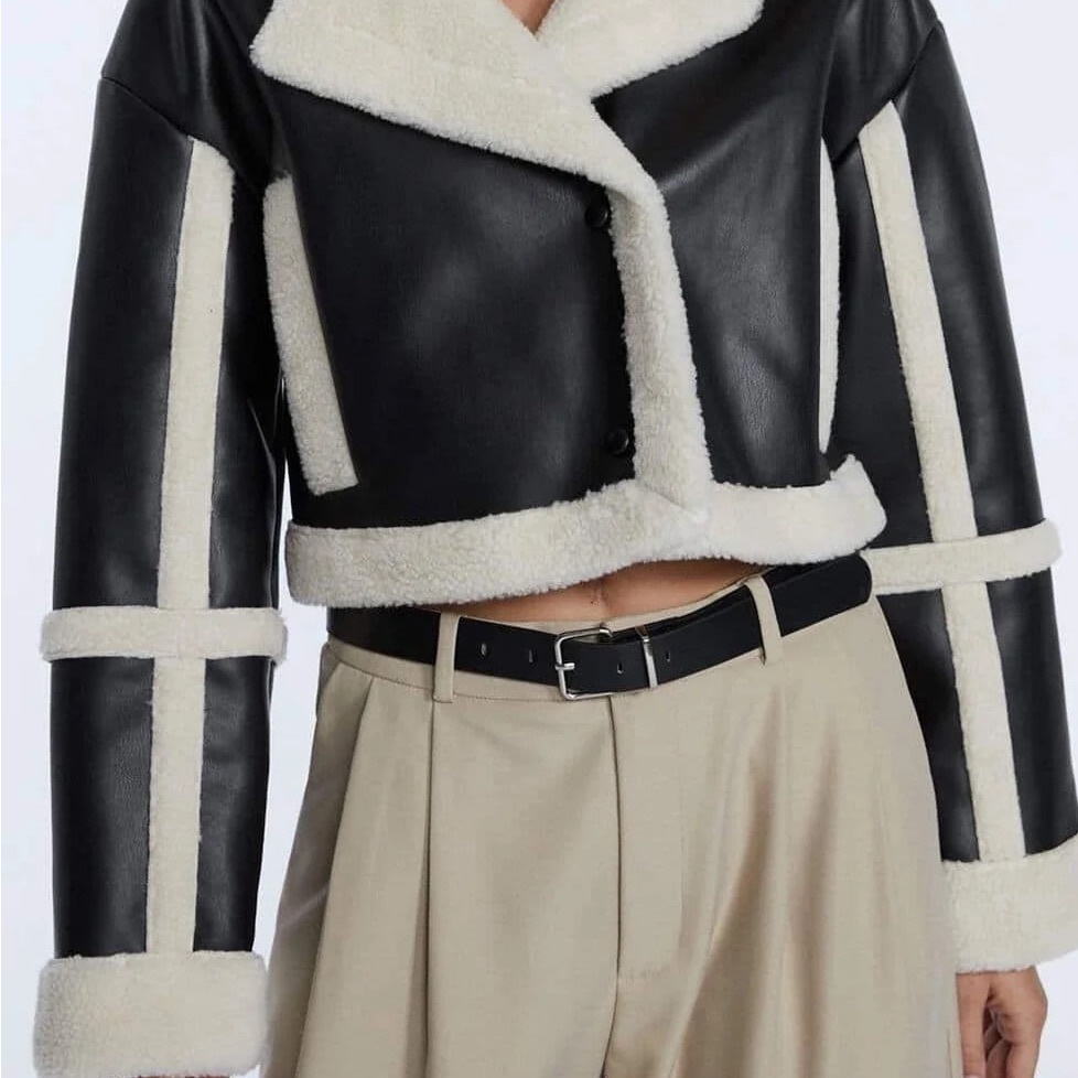Stradivarius Black And Cream Leather Jacket